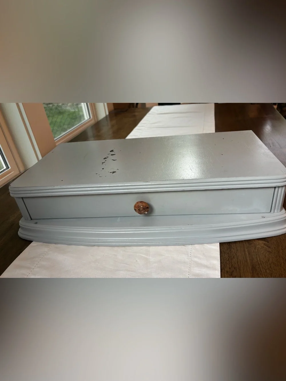 Vintage Wooden Storage Drawer with Blue Gray Finish and Decorative Knob